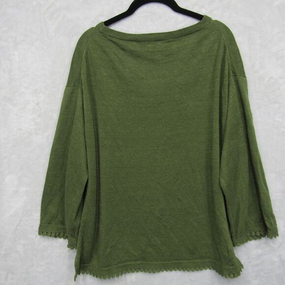 J.Crew Linen Sweater Top XL Round Neck Green 3/4 Sleeve Pullover Crochet Border - Picture 6 of 8